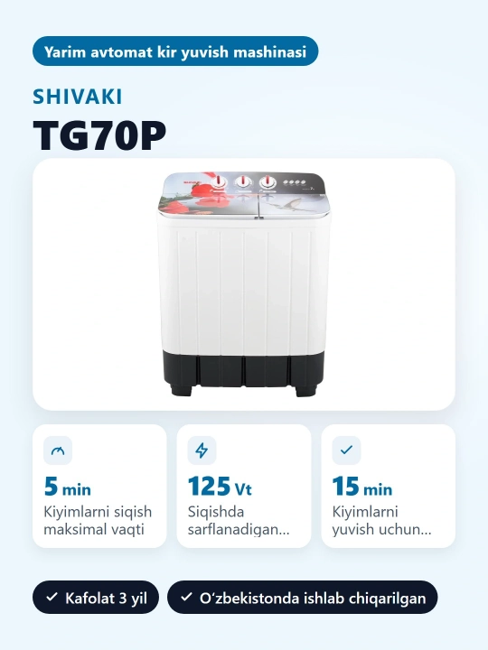 Yarim avtomat kir yuvish mashinasi Shivaki TG70P 7 kg 3.6 kg 15 min