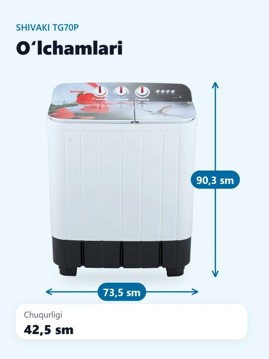Yarim avtomat kir yuvish mashinasi Shivaki TG70P 7 kg 3.6 kg 15 min
