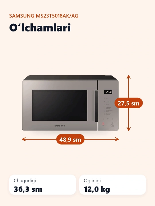 Mikroto'lqinli pech Samsung MS23T5018AK/AG Solo, 23 litr