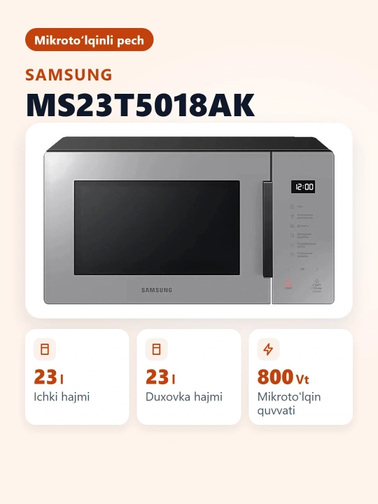 Mikroto'lqinli pech Samsung MS23T5018AK/AG Solo, 23 litr
