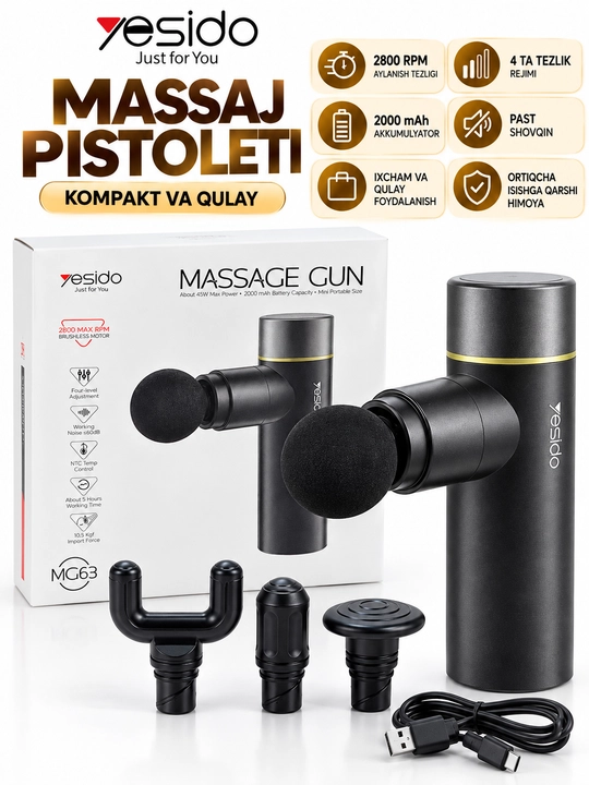 Massaj pistoleti Yesido MG63, tana uchun perkussion massajer, mini massajyor - 