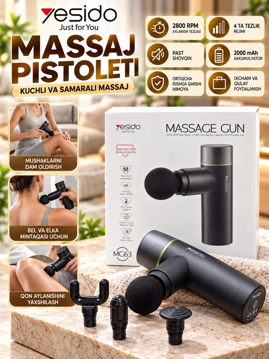 Massaj pistoleti Yesido MG63, tana uchun perkussion massajer, mini massajyor