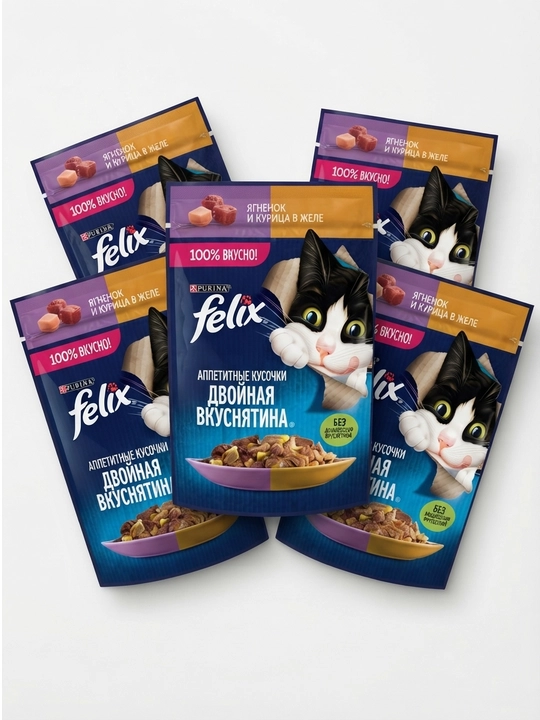 Влажный корм для кошек Felix Ягненок и курица в желе, 5 штук - 