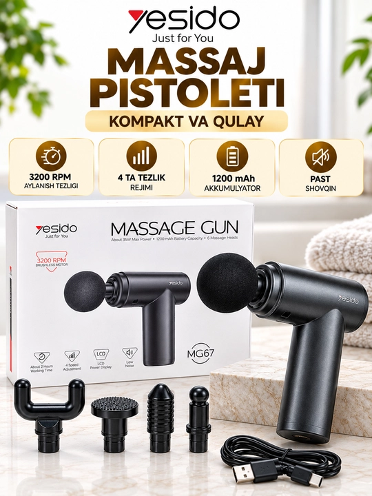 Massaj pistoleti Yesido MG67, tana uchun perkussion massajer - 