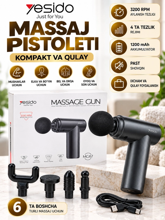 Massaj pistoleti Yesido MG67, tana uchun perkussion massajer
