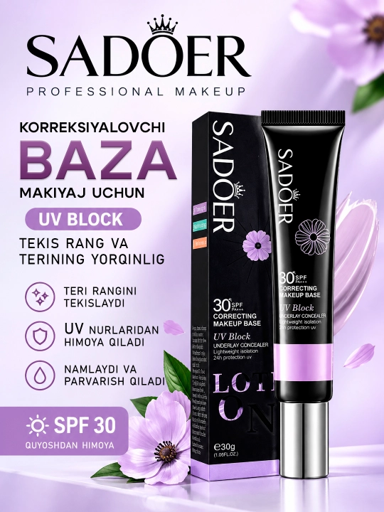 Корректирующая база под макияж SADOER, выравнивающий праймер для лица SPF 30, 30 г - 