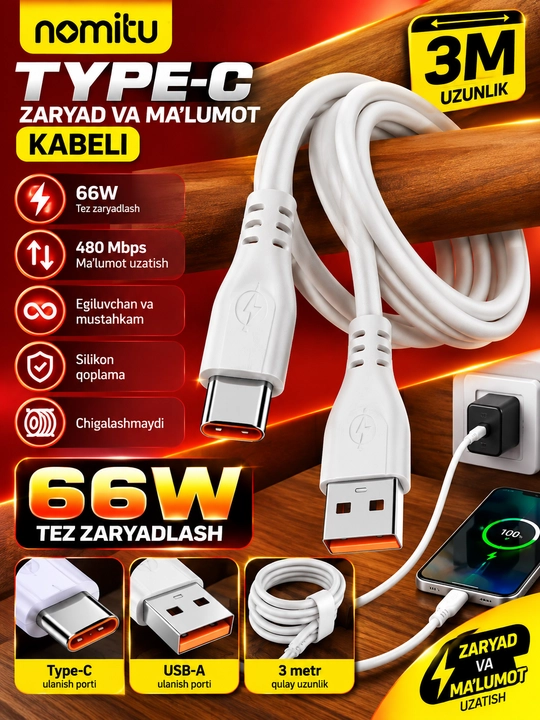 Кабель NOMITU USB Type-C (3 м), быстрая зарядка 66 Вт и передача данных - 