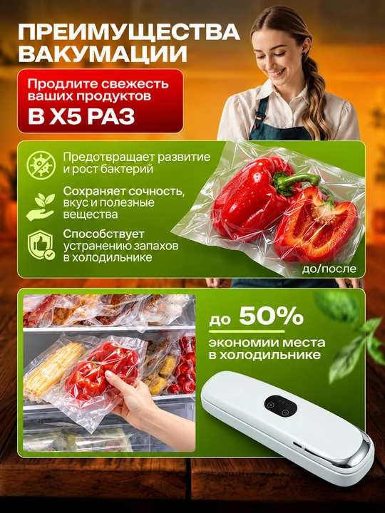 Sonifer vakuumatori, vakuum qadoqlagichi va turli o‘lchamdagi vakuumator qoplar