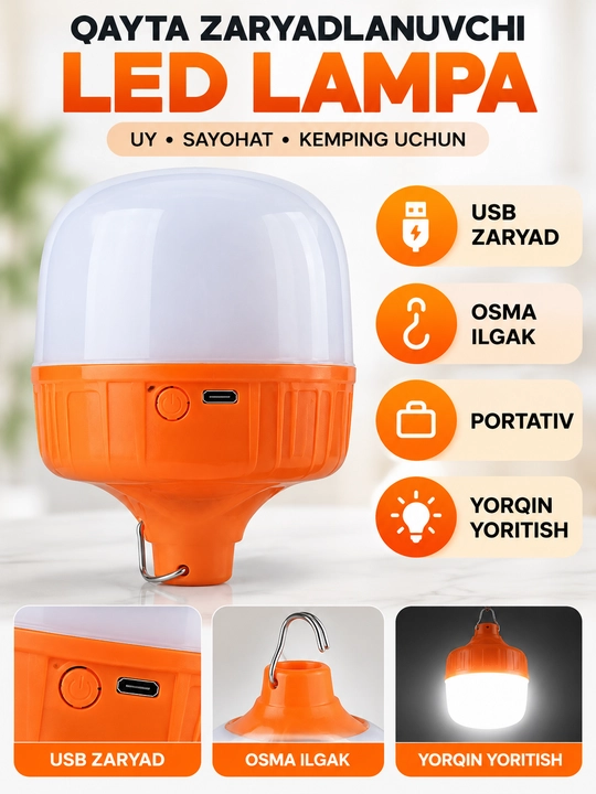 USB orqali zaryadlanadigan portativ LED lampa, osma ilgakli, yorqin chiroq - 