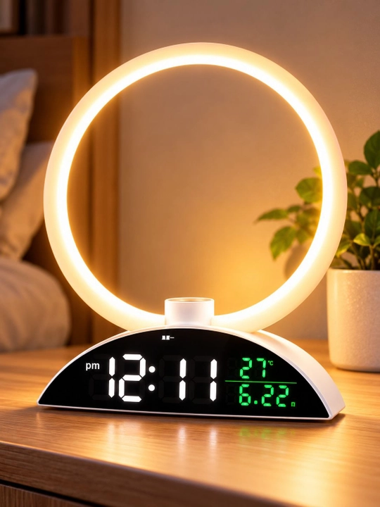 LED halqali elektron budilnik, raqamli soat, termometr, sana, sensorli stol soati