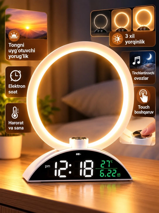 LED-будильник с кольцевой подсветкой цифровые часы термометр дата сенсорные настольные час - 