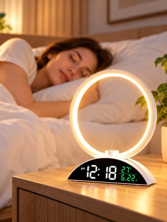 LED halqali elektron budilnik, raqamli soat, termometr, sana, sensorli stol soati