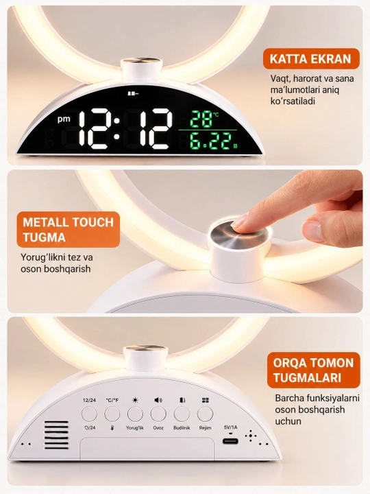LED halqali elektron budilnik, raqamli soat, termometr, sana, sensorli stol soati