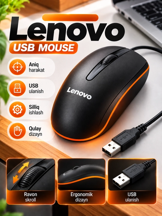 Lenovo USB Sichqoncha, Simli Kompyuter Sichqonchasi, Qulay Ergonomik Dizayn