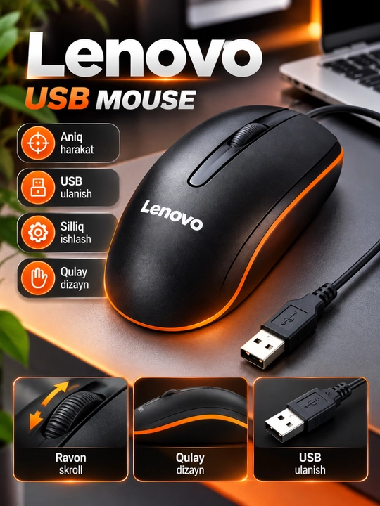 Lenovo USB Sichqoncha, Simli Kompyuter Sichqonchasi, Qulay Ergonomik Dizayn - 