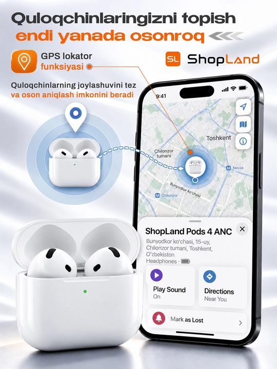 ShopLand Pods 4 ANC + ENC simsiz quloqchinlar, vakuumsiz, mikrofonli, iPhone va Android