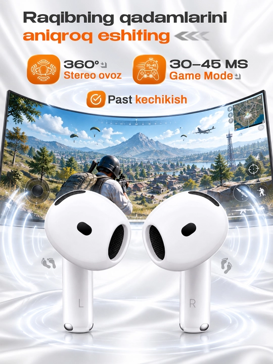 ShopLand Pods 4 ANC + ENC simsiz quloqchinlar, vakuumsiz, mikrofonli, iPhone va Android