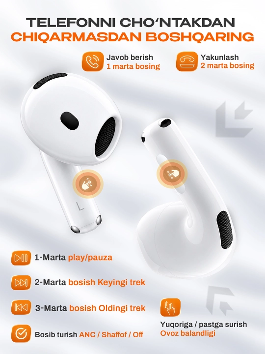 ShopLand Pods 4 ANC + ENC simsiz quloqchinlar, vakuumsiz, mikrofonli, iPhone va Android