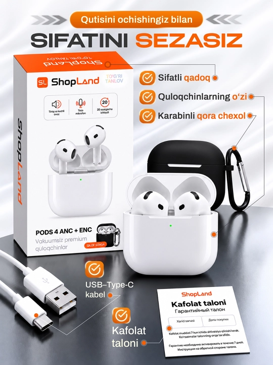 ShopLand Pods 4 ANC + ENC simsiz quloqchinlar, vakuumsiz, mikrofonli, iPhone va Android