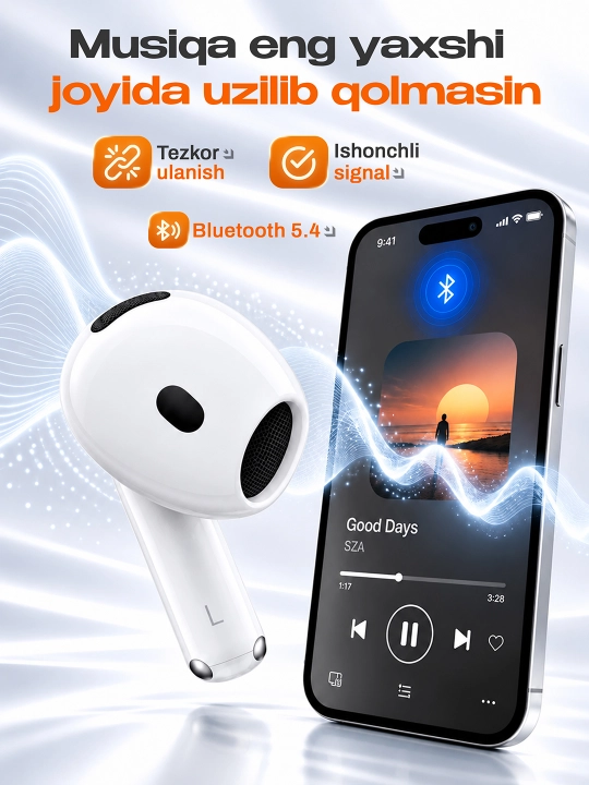 ShopLand Pods 4 ANC + ENC simsiz quloqchinlar, vakuumsiz, mikrofonli, iPhone va Android