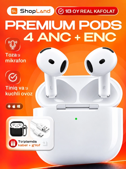 ShopLand Pods 4 ANC + ENC simsiz quloqchinlar, vakuumsiz, mikrofonli, iPhone va Android - 