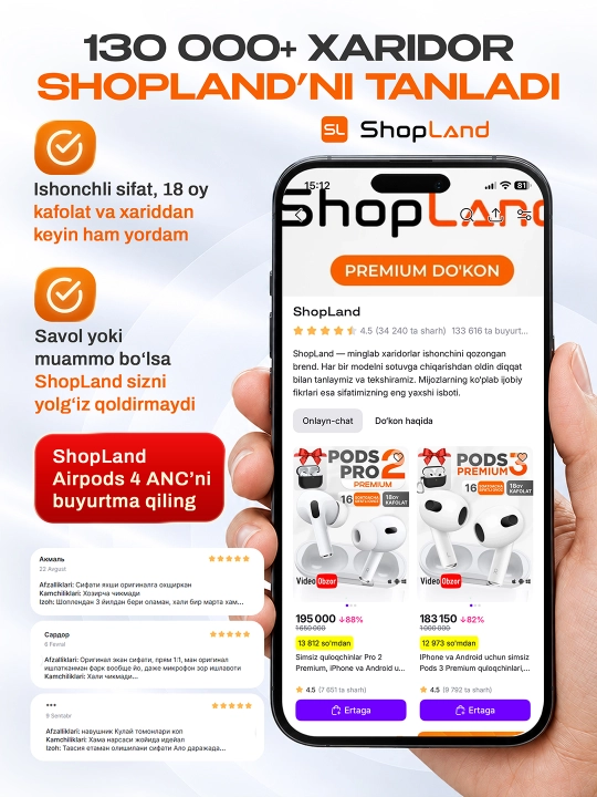 ShopLand Pods 4 ANC + ENC simsiz quloqchinlar, vakuumsiz, mikrofonli, iPhone va Android