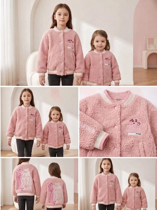 Qizlar uchun "Pink Panther" naqshli yumshoq teddy bomber kurtka