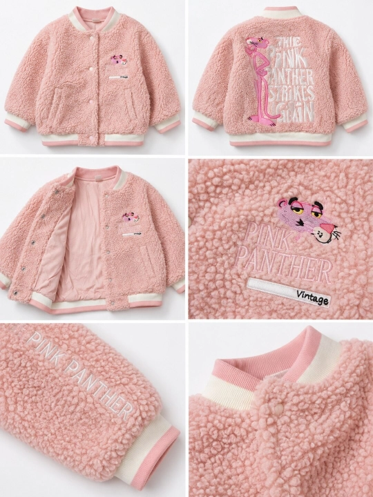 Qizlar uchun "Pink Panther" naqshli yumshoq teddy bomber kurtka