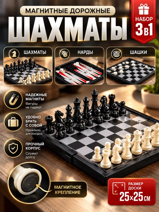 Шахматы магнитные, шашки, нарды, набор настольных игр 3 в 1, подарок на праздник - 