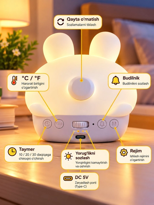 LED elektron budilnik, stol soati, termometr, tungi chiroq, sana va taymer