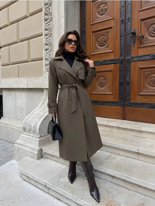 Ayollar uchun klassik uzun kamarli trench palto