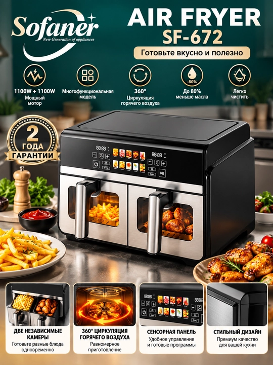 Elektr aerogril, 12 ta 1 ta, yog‘siz pishirish uchun friturnitsa, 6 l, 10 l