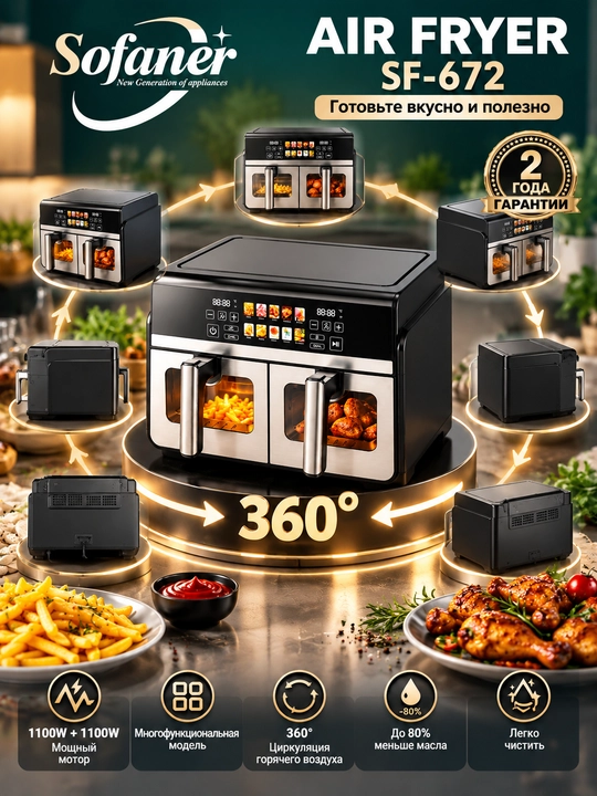 Elektr aerogril, 12 ta 1 ta, yog‘siz pishirish uchun friturnitsa, 6 l, 10 l