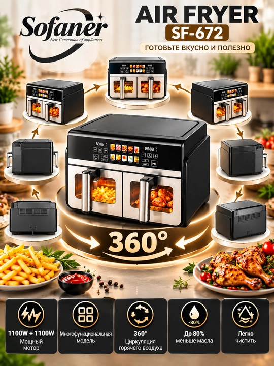 Elektr aerogril, 12 ta 1 ta, yog‘siz pishirish uchun friturnitsa, 6 l, 10 l