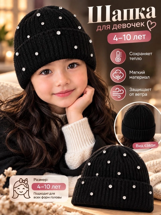 Зимняя шапка для девочек 4-10 лет - 