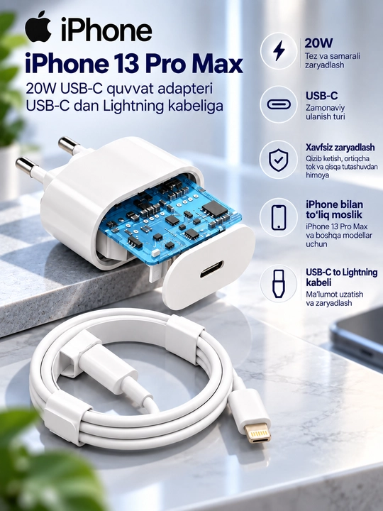 IPhone 13 Pro Max uchun zaryadlovchi to‘plam, batareya degradatsiyasini kamaytiradi