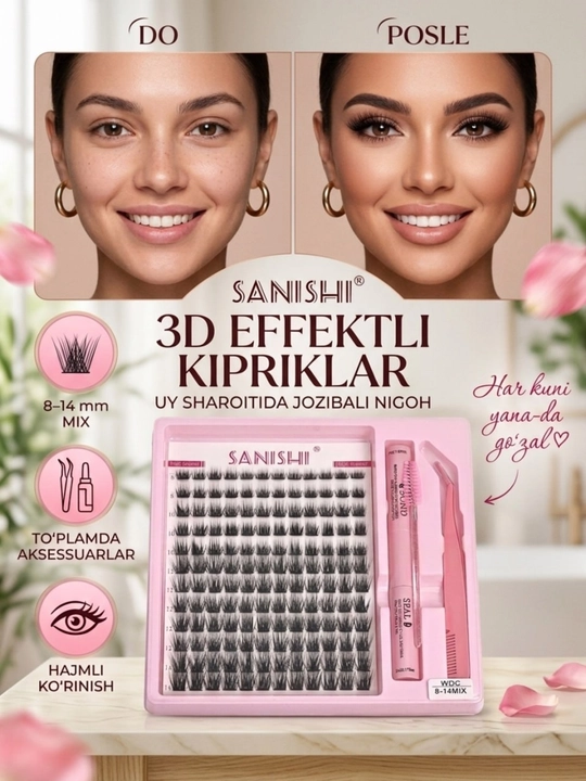 3D effektli ulama kipriklar, kiprik kleyi va tarog'i bilan, ko'zlarni bezash uchun Sanishi