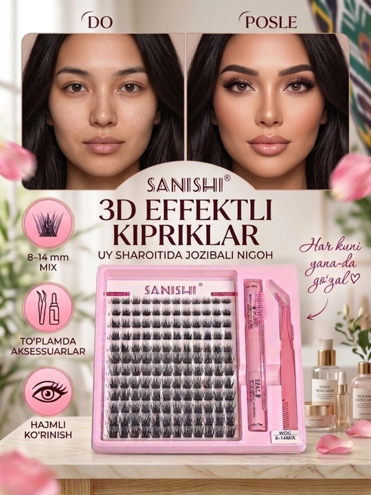 3D effektli ulama kipriklar, kiprik kleyi va tarog'i bilan, ko'zlarni bezash uchun Sanishi