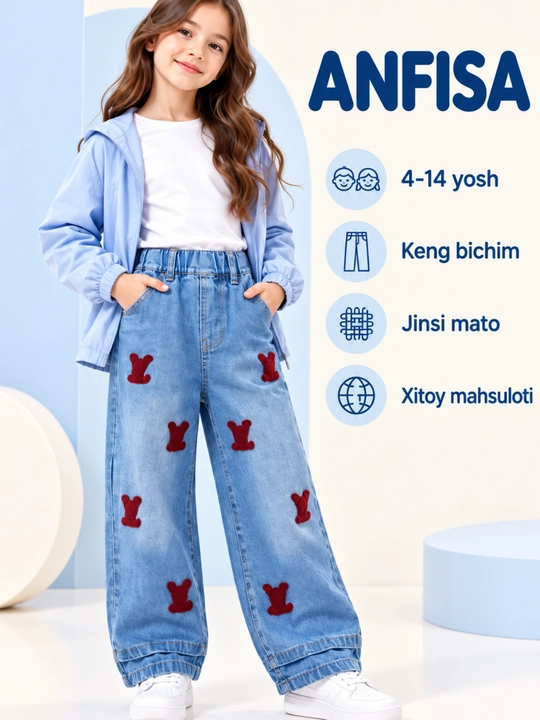 Qizlar jinsi shimi cho'ntakli, keng bichim, maktab kundalikka shimlar qizlarga, bryuk - 