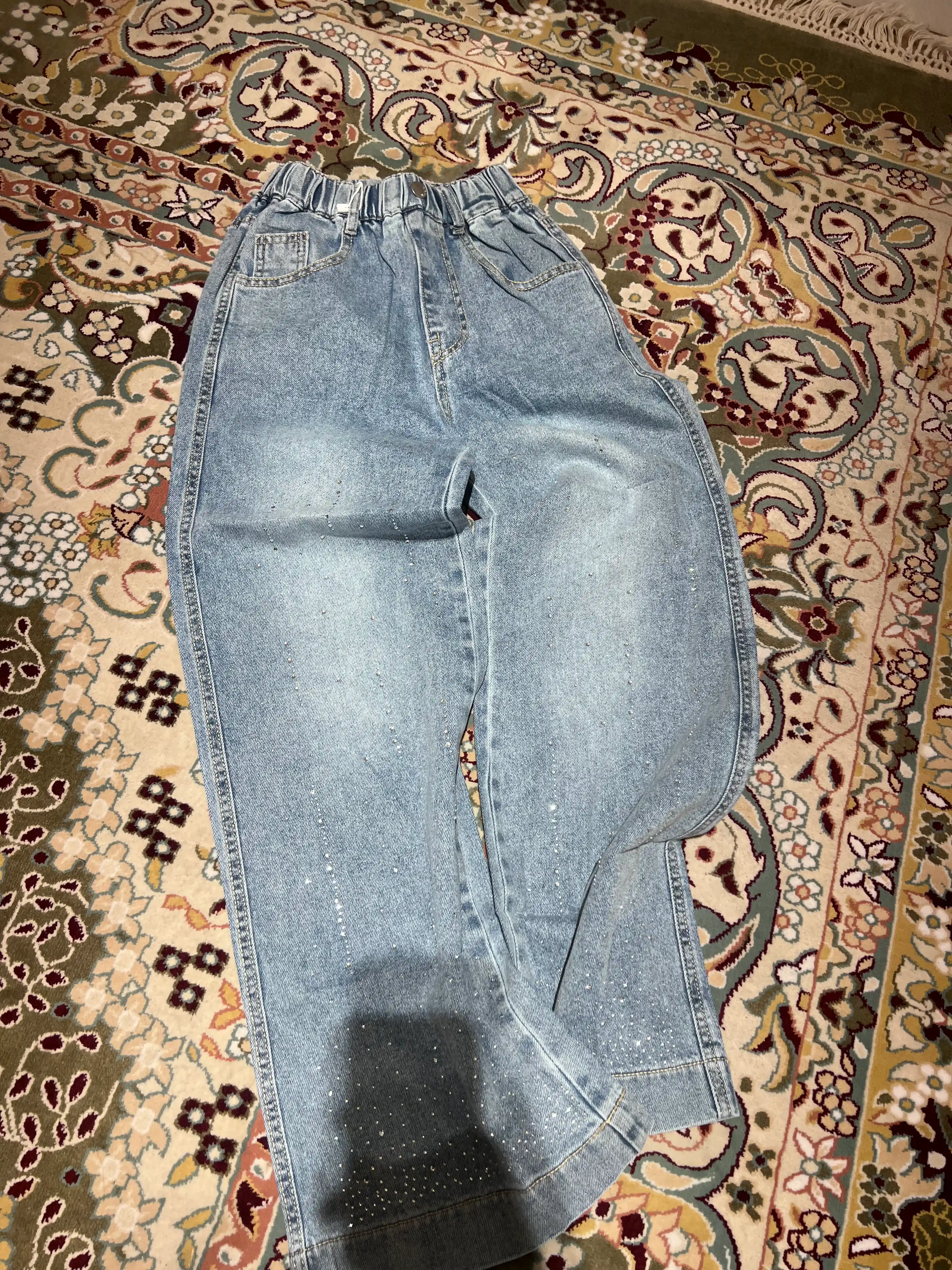 Qizlar jinsi shim, bolalar jinsi, keng jinsi shim, bezakli jinsi, denim shim, moda shim
