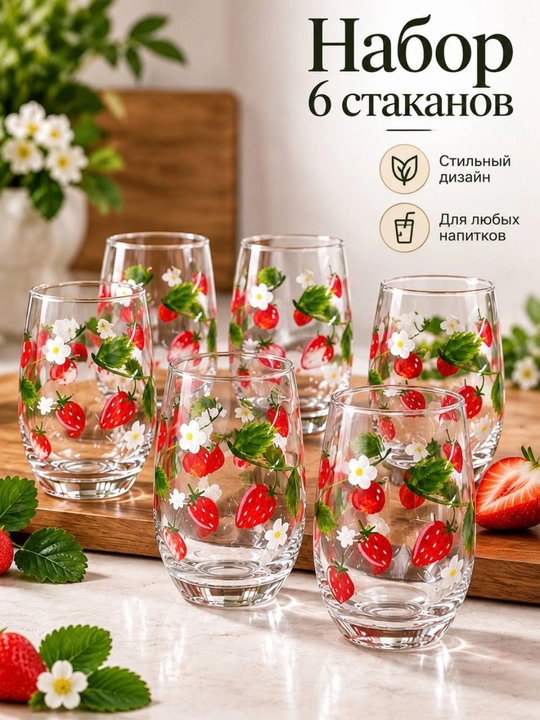 Набор стеклянных стаканов с лимонным рисунком, 6 шт