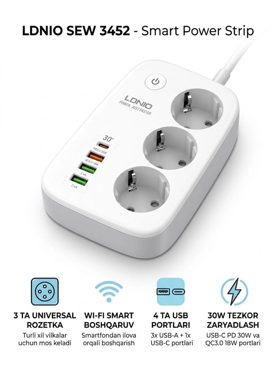 Умный сетевой фильтр LDNIO SEW3452 WiFi, 3 розетки, 4 USB, Type-C 30W PD QC, удлинитель 2м - 