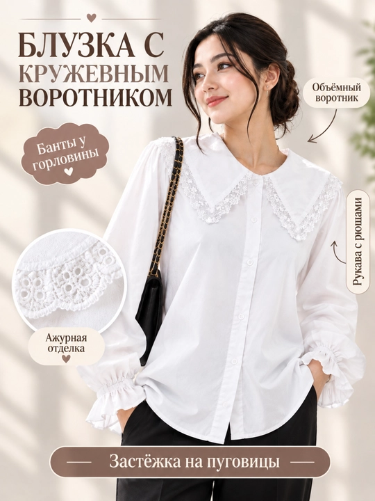 Ayollar uchun oq bluzka, to‘rli yoqali