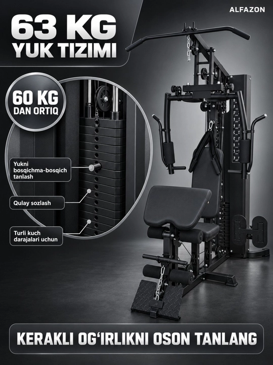 Ko‘p funksiyali uy trenajyori, shkivlar tizimiga ega