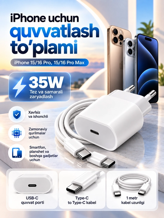 IPhone 15 / 16 Pr /16 Pro Max va 17 Pro/ 17 Pro Max uchun 35W adapter, Type-C kabel bilan