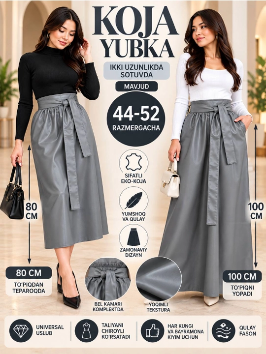 Ko‘ja yubka ayollar uchun, eko-ko‘ja, uzun va midi yubka, kamarli, 44–52
