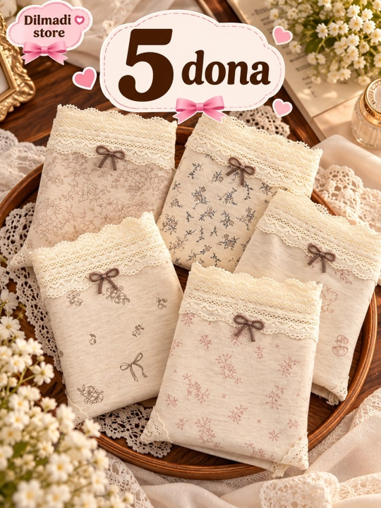 Ayollar uchun paxtali ichki kiyimlar to‘plami, 5 dona, dantelli, gulli, L-XL - 