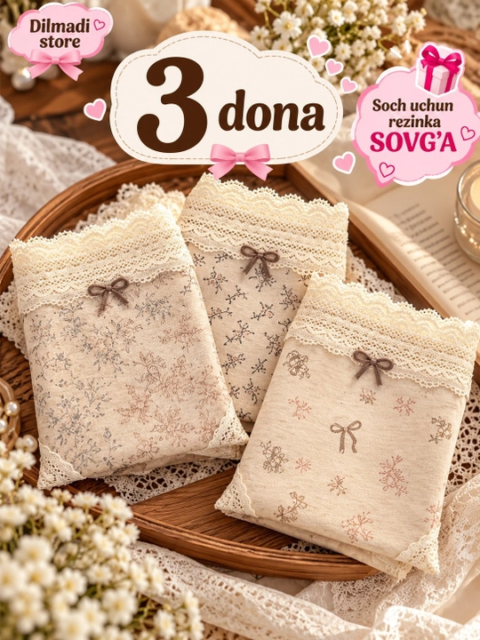 Ayollar uchun paxtali ichki kiyimlar to‘plami, 5 dona, dantelli, gulli, L-XL - 