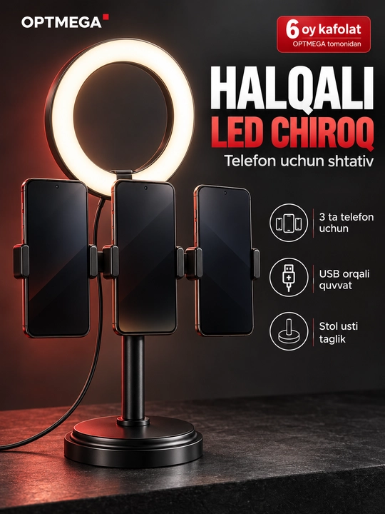 Studiya uchun CXB-160A halqali chiroq, 16 sm, shtativ va telefon ushlagichi bilan, qutida