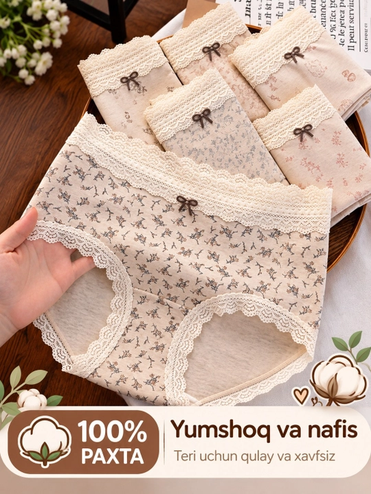 Ayollar uchun paxtali ichki kiyimlar to‘plami, 5 dona, dantelli, gulli, L-XL